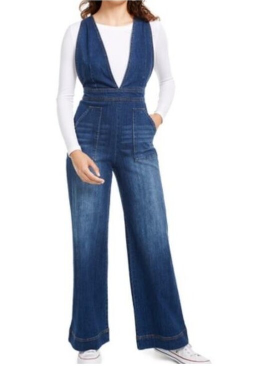 Dollhouse Denim - Dollhouse Dark Blue Plunging Wide-Leg Denim Jumpsuit